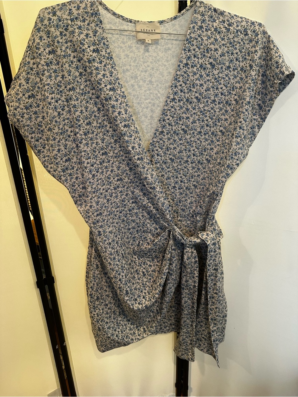 Sézane Blue Floral Wrap Top